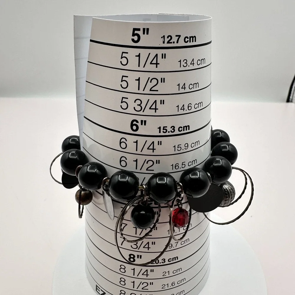 Vintage 90s Silver Tone Black Beaded Charm Bracelet Women's Jewelry